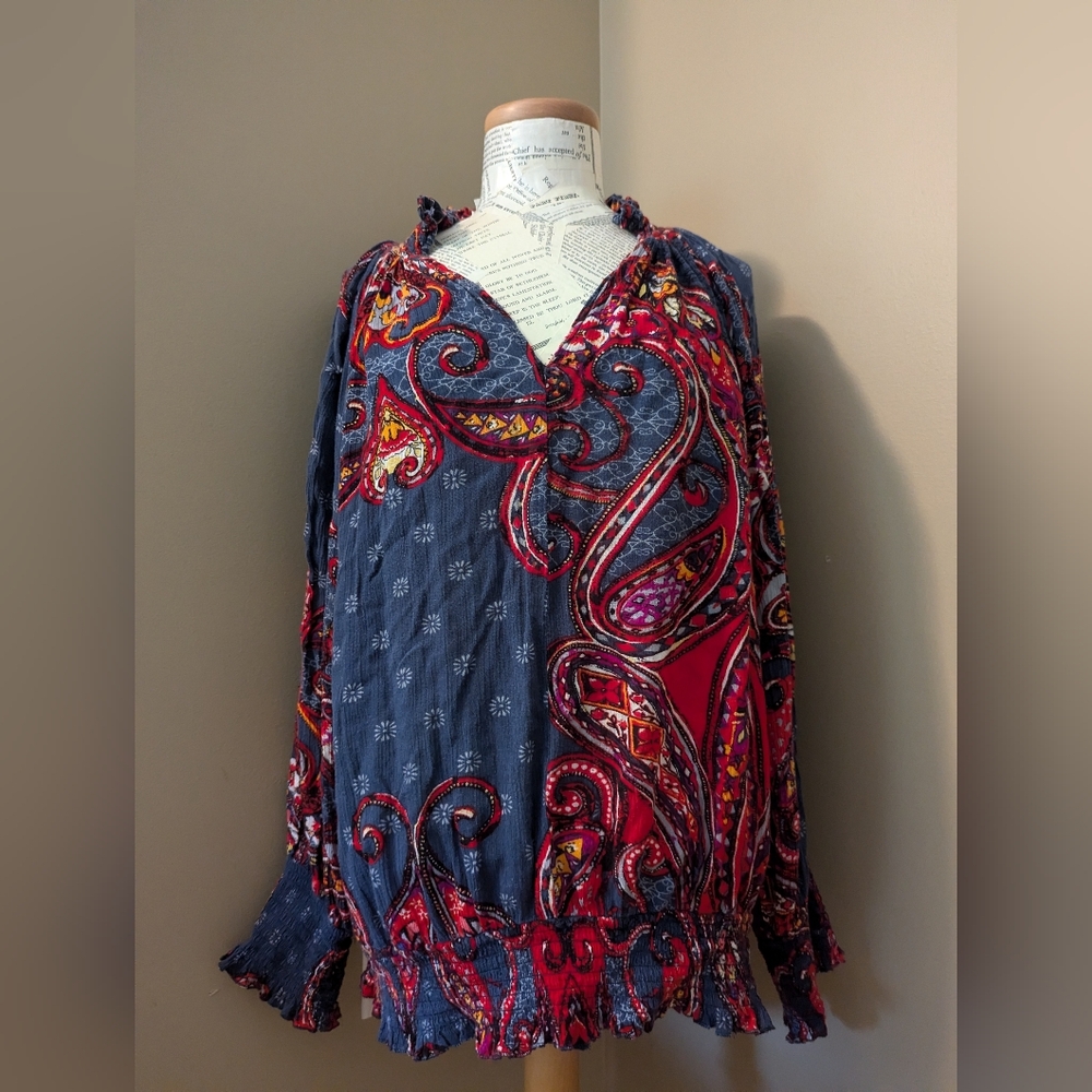 Lascana Venus L Blue Red Boho V-Neck Blouse Top